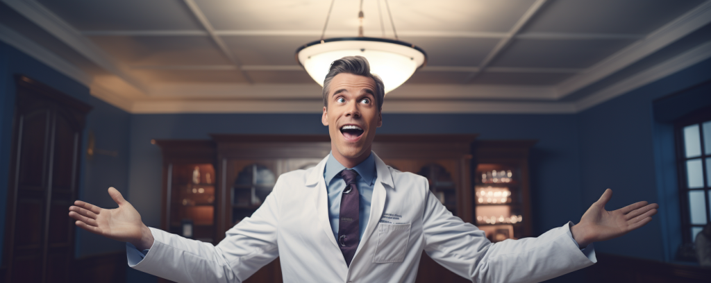 Dentist holding their hands up in surprise